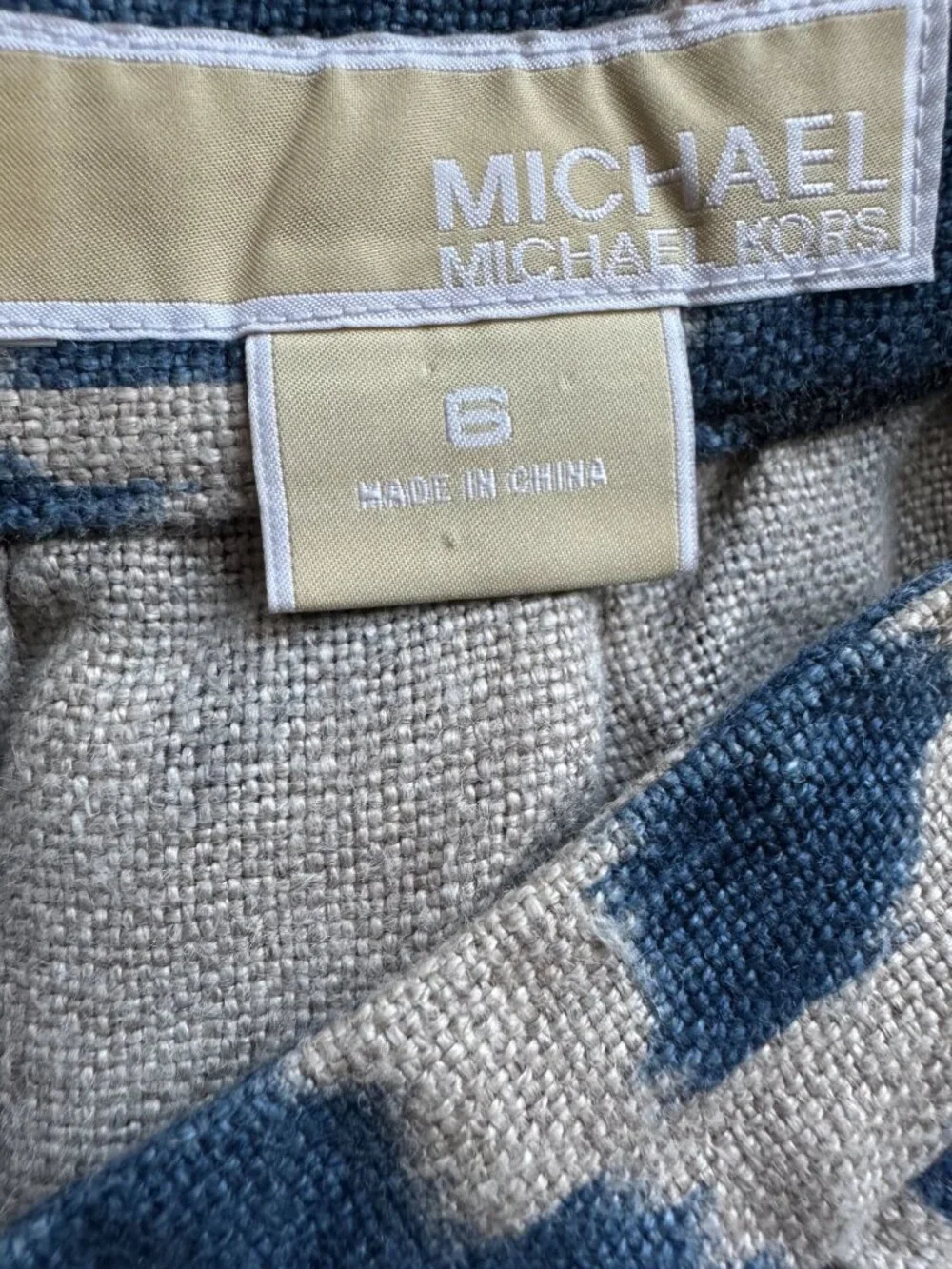 Michael Kors Blue & Ivory Ikat Print Skirt - 6 Linen Back Zipper Design